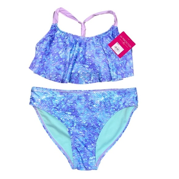 Nwt Big girl’s 2 piece bathing suit. Cool, dappled mermaid scale pattern - Picture 1 of 4